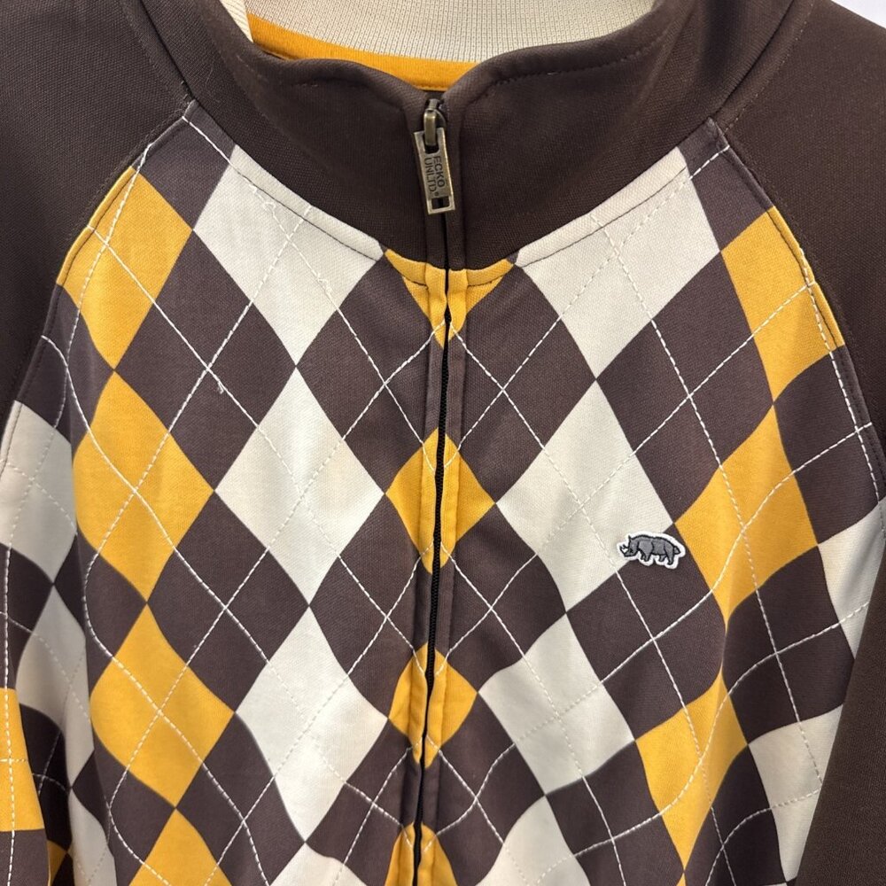 Ecko Unltd Track Jacket Mens XL Brown Gold Cream Argyle Full Zip Rap Hip Hop - Picture 4 of 9